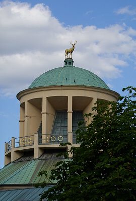 Kuppel des Kunstgebäudes am Schlossplatz in Stuttgart mit goldener Hirschskulptur, teils von Bäumen verdeckt, unter blauem Himmel mit Wolken.
