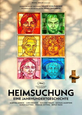 Filmplakat zu „Heimsuchung – Eine Jahrhundertgeschichte“: Eine weiße Tür mit sechs farbigen, wie Glasfenster gestalteten Porträts in Rot, Grün, Gelb, Orange, Rosa und Blau.