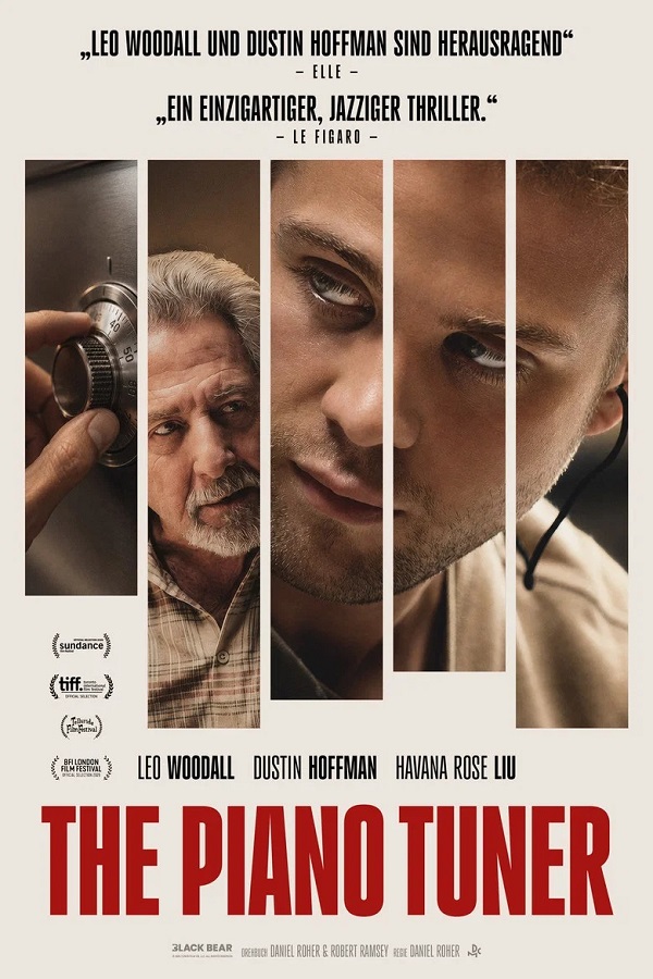 Filmplakat zu „The Piano Tuner“: Die Gesichter dreier Männer und eine Hand an einem Zahlenschloss sind in schmalen, senkrechten Bildausschnitten angeordnet. Darunter steht der Filmtitel in großen roten Buchstaben.